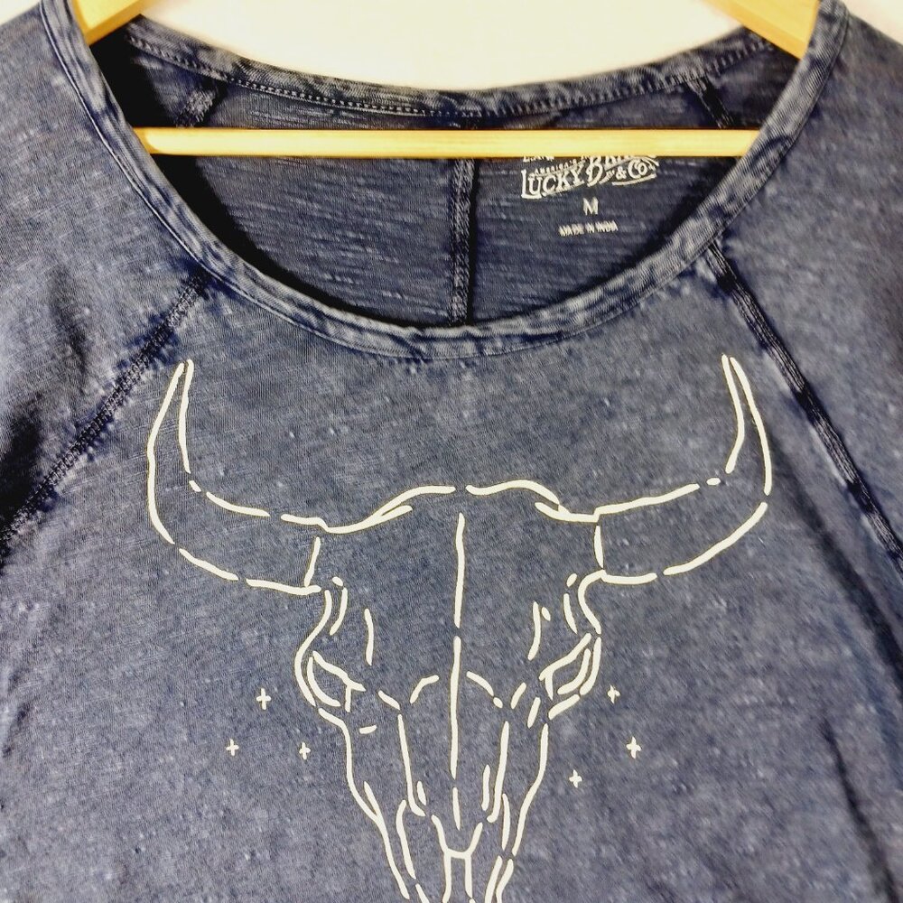 Lucky Brand, Western, Steer Skull, Navy, 3/4 Sleeve  Cotton Tee,  Medium - Picture 5 of 16